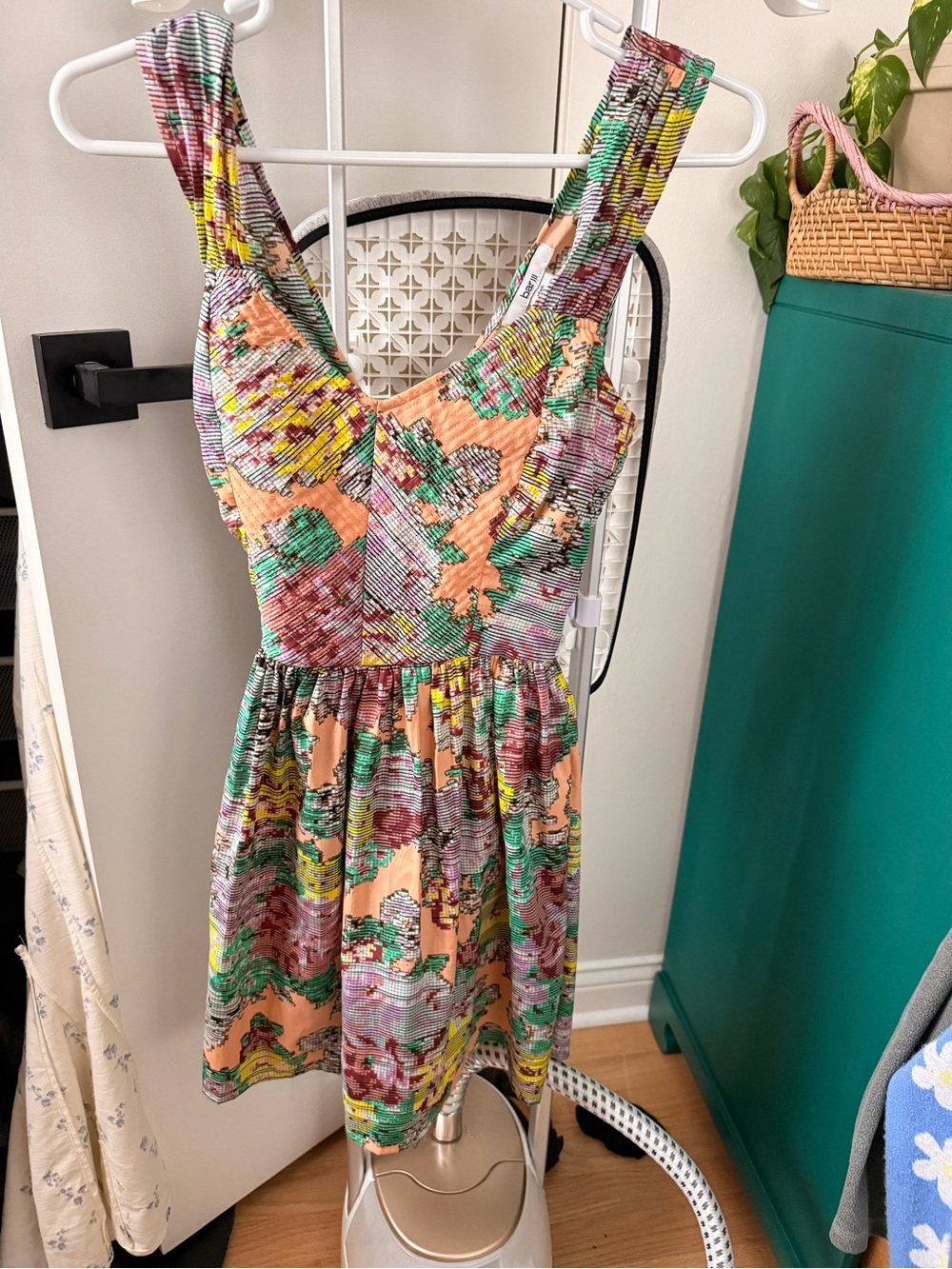 Bar III Peach Floral Fit-and-Flare Dress with Green Accents